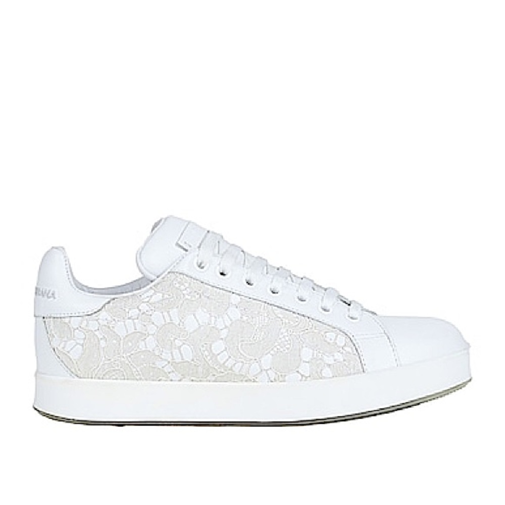 Dolce & Gabbana Portofino White Lace Detail Leather Platform Trainer Sneakers